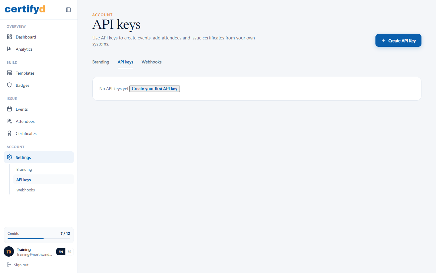 The API keys page