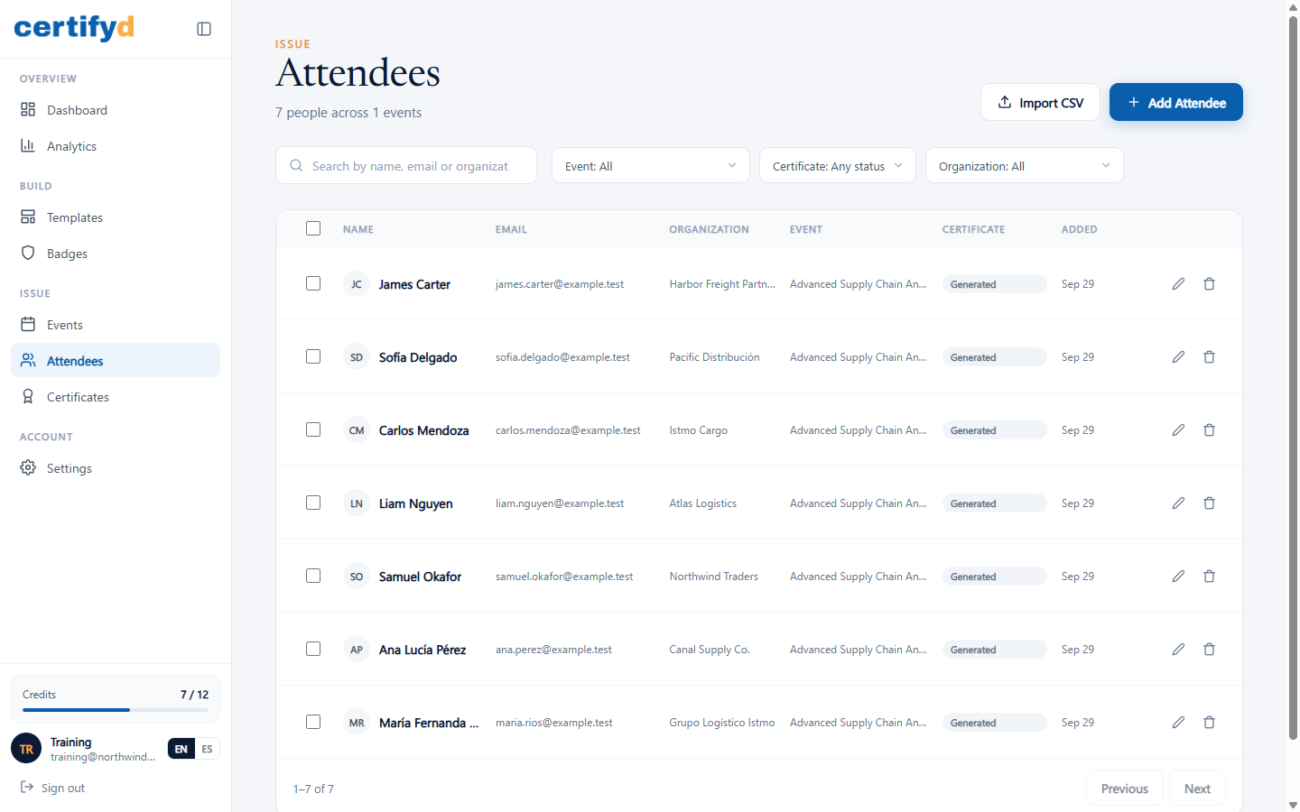 The Attendees page with filters