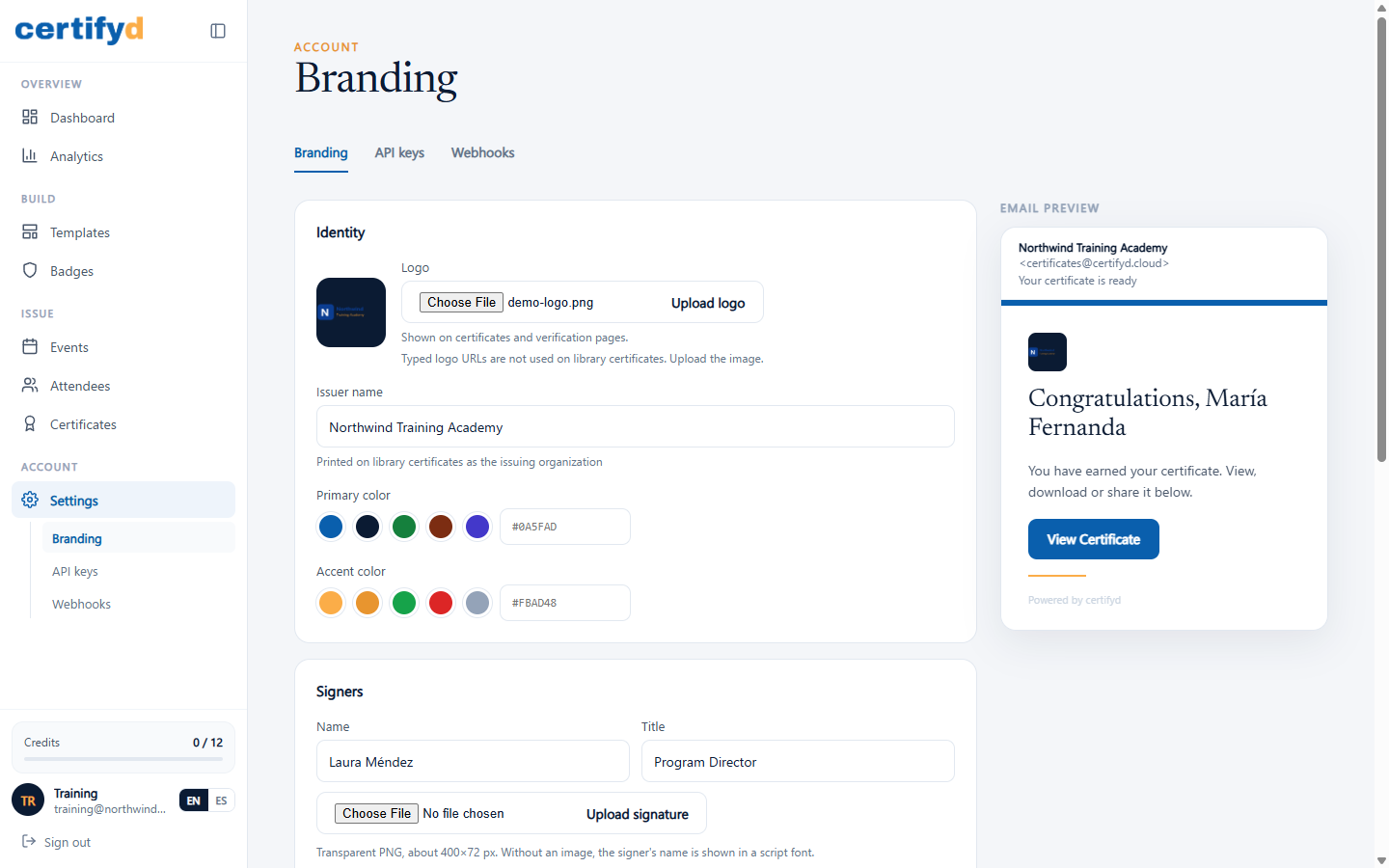 Settings, Branding page with logo, issuer name, colors and email preview