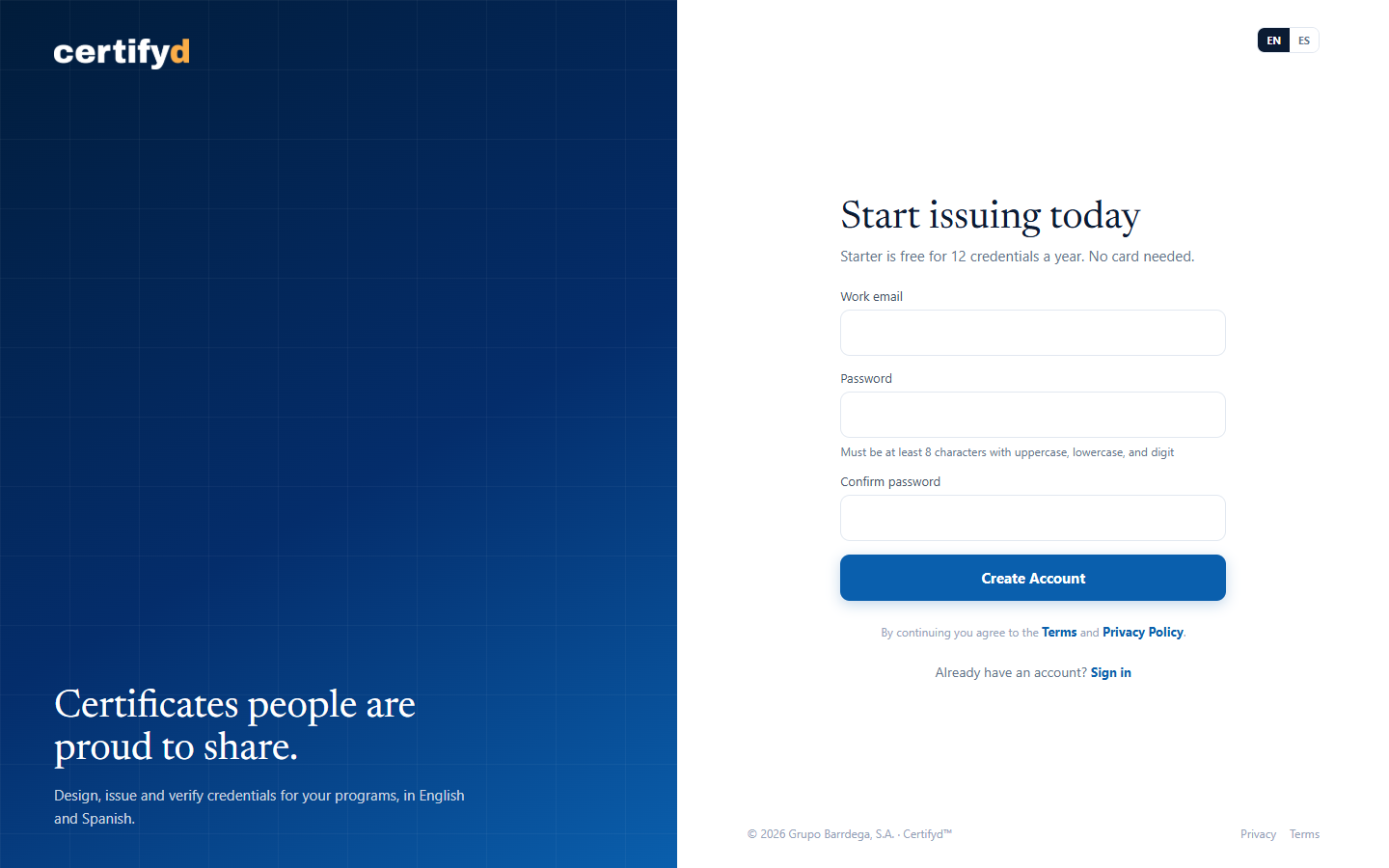The Create Account page with work email and password fields