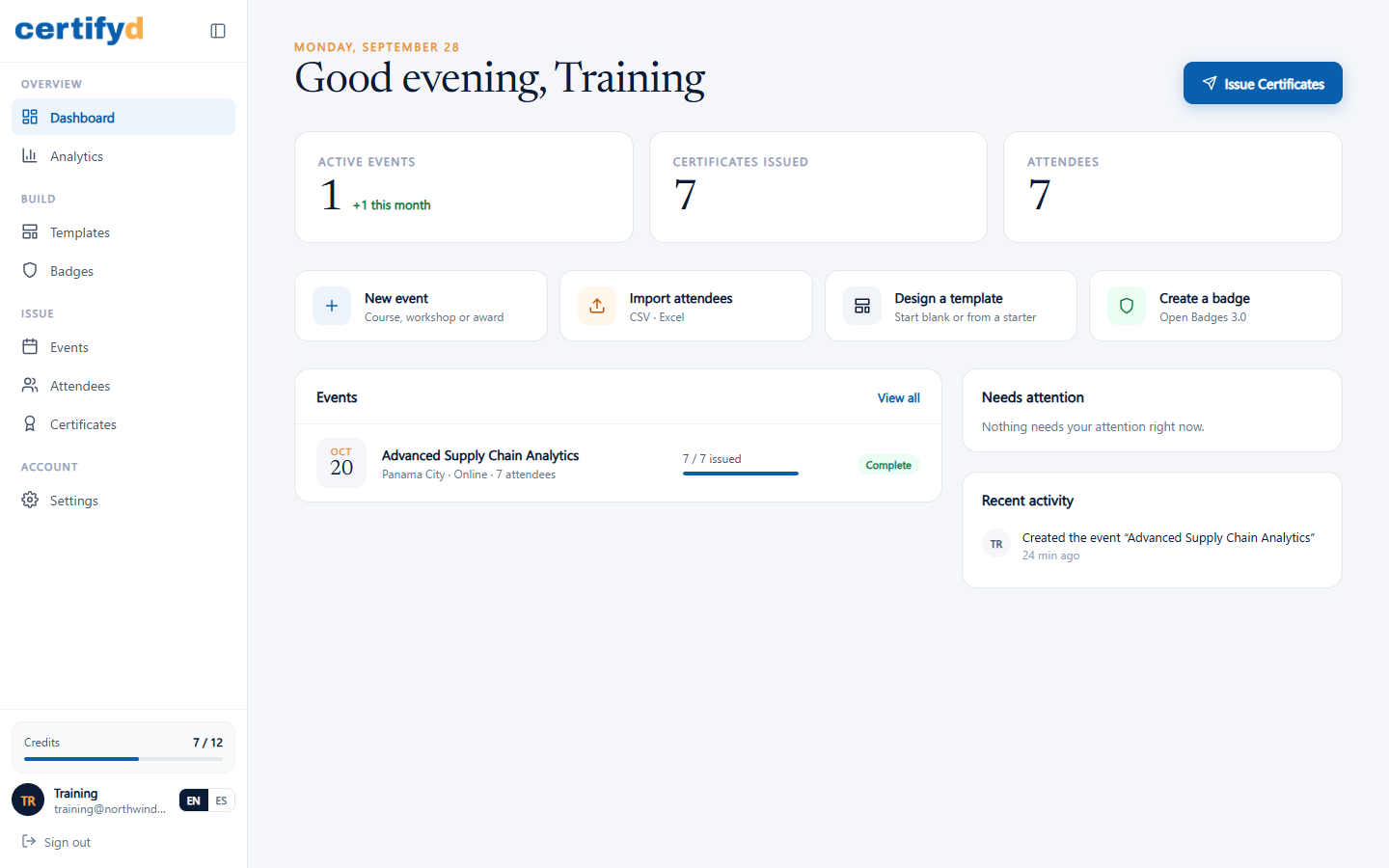 The Certifyd dashboard showing active events, certificates issued and attendees