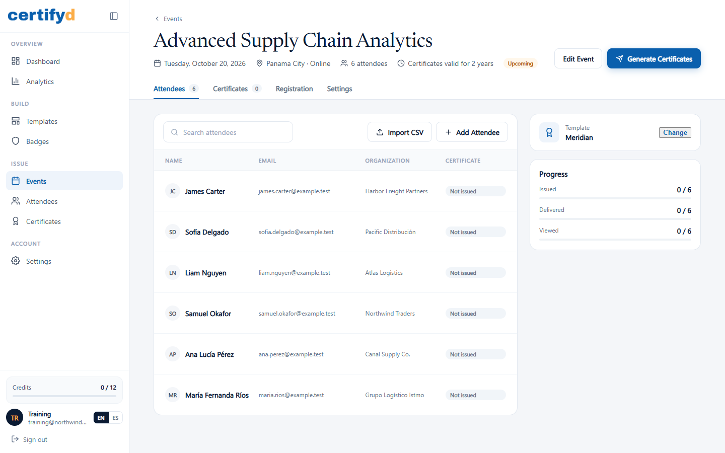 An event page with its attendee list and progress panel