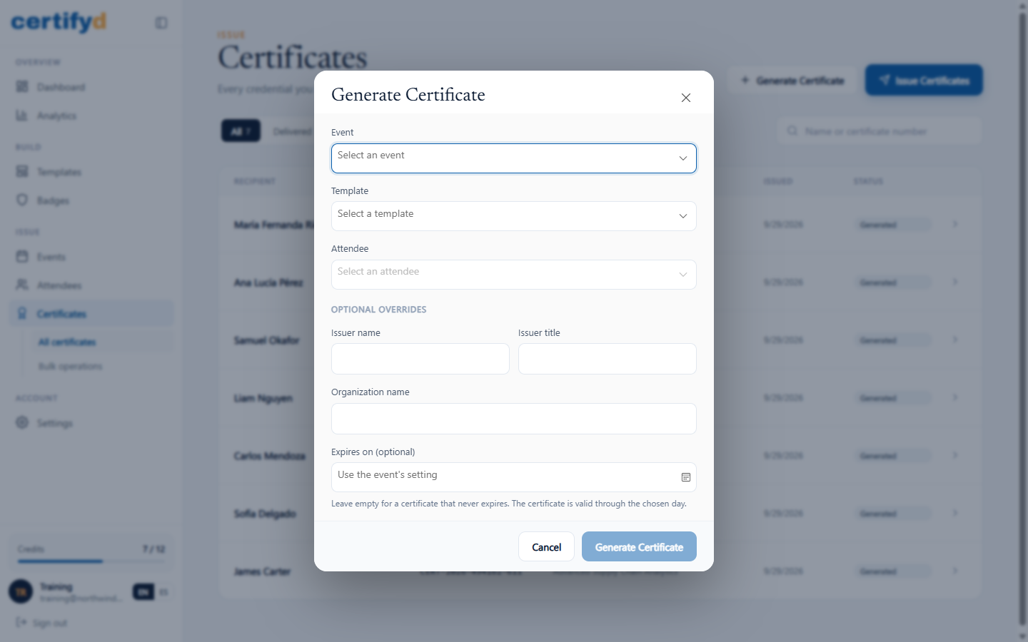 The Generate Certificate dialog with optional overrides