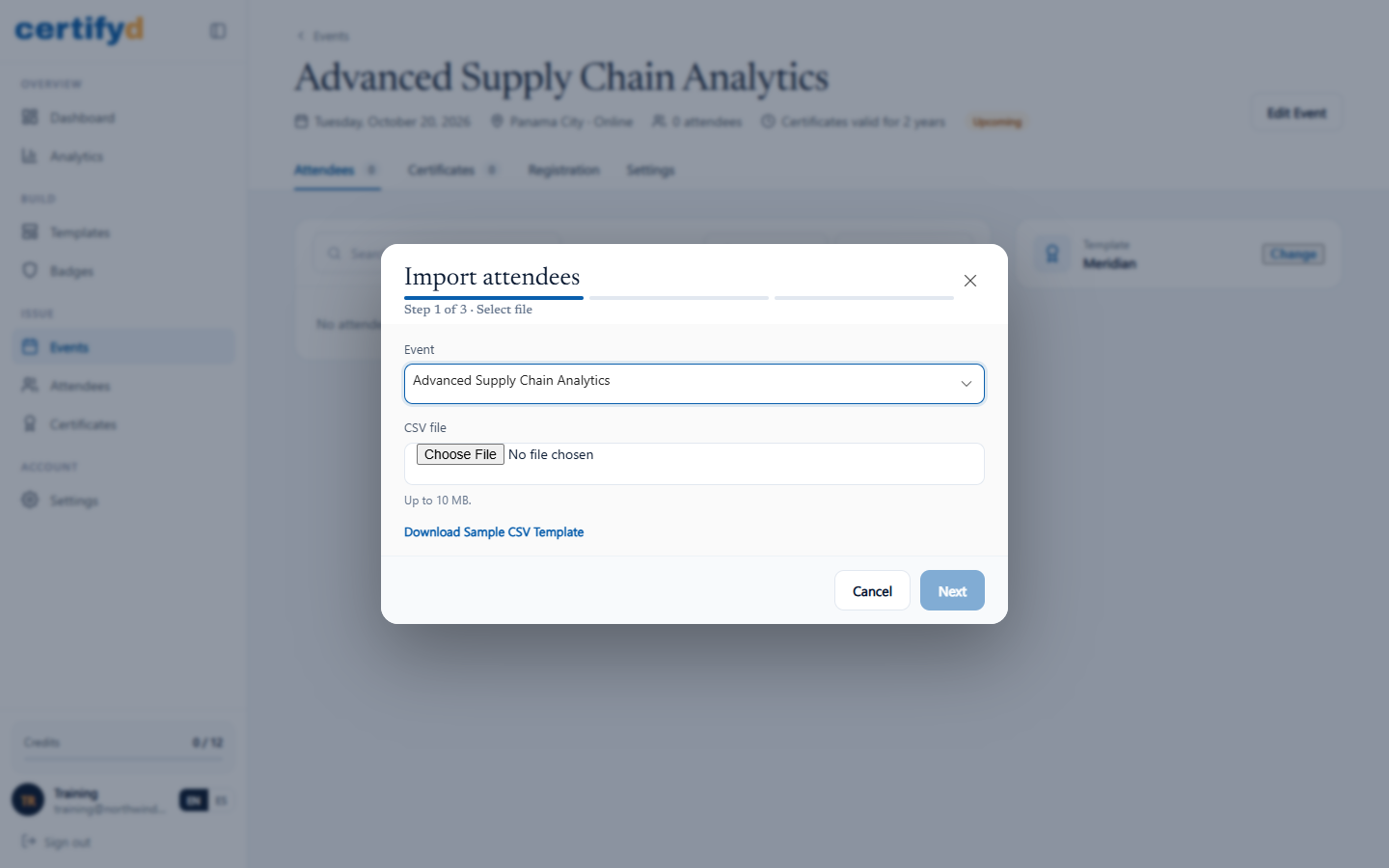 Import attendees, step 1: select the file