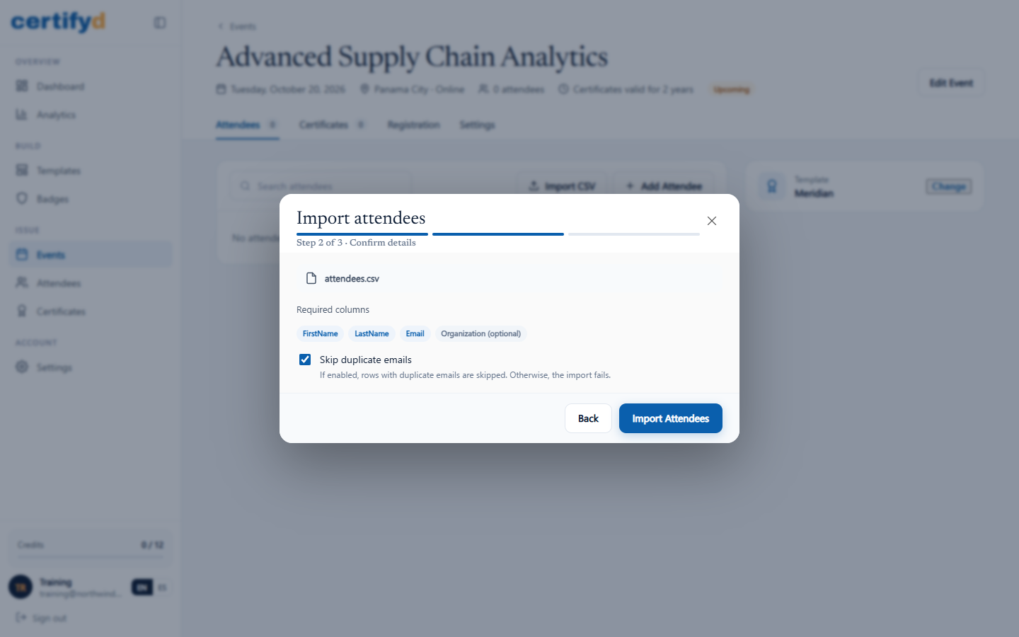 Import attendees, step 2: confirm the columns