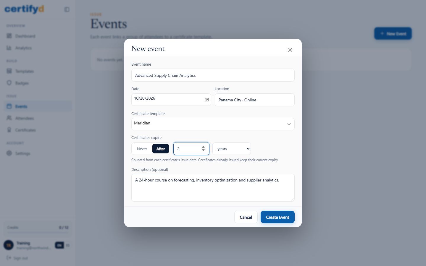 The New event dialog with name, date, location, template, expiry and description