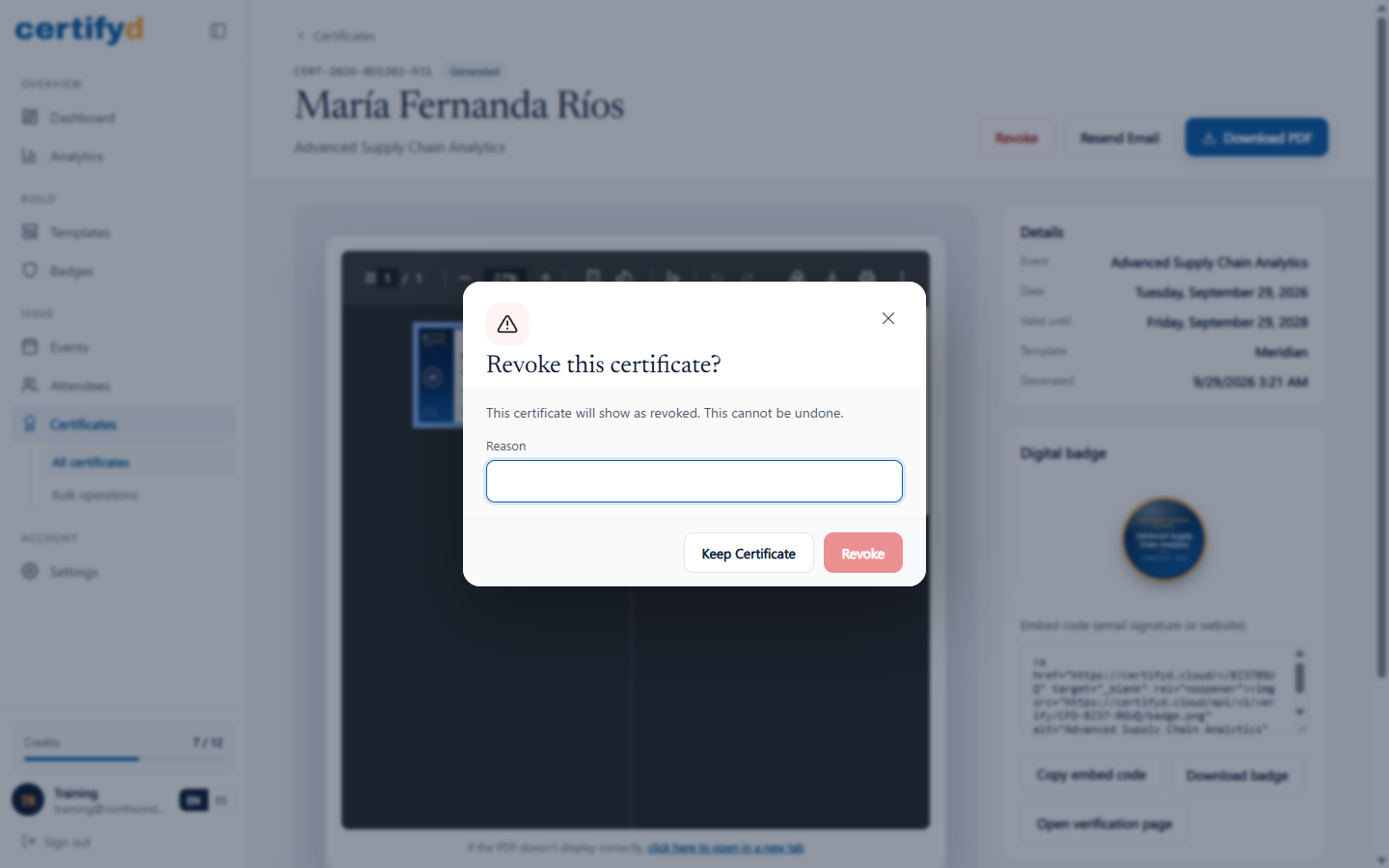 The Revoke this certificate confirmation dialog