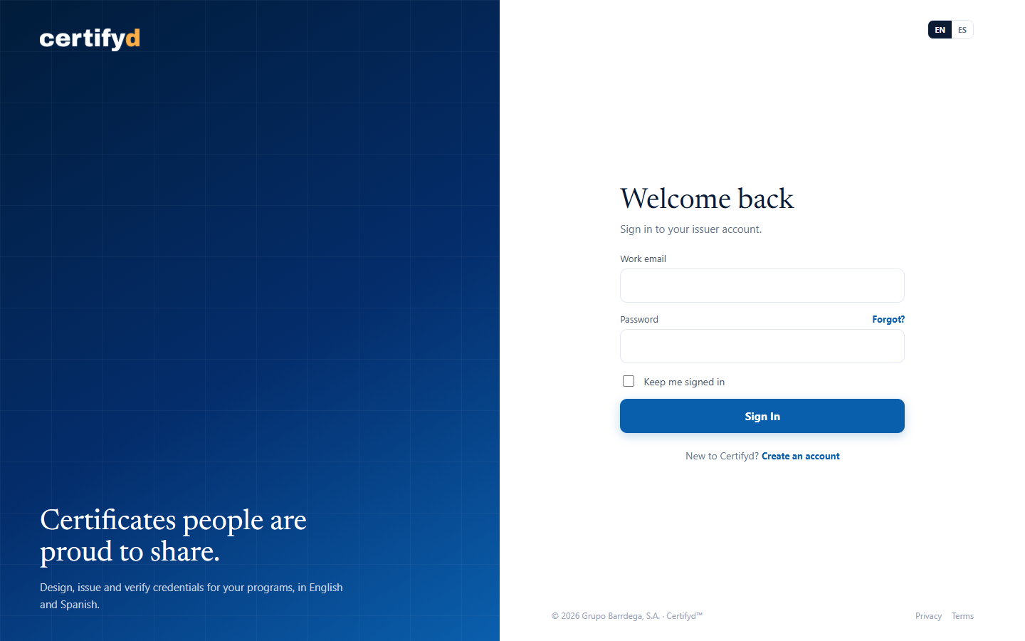 The Certifyd sign-in page