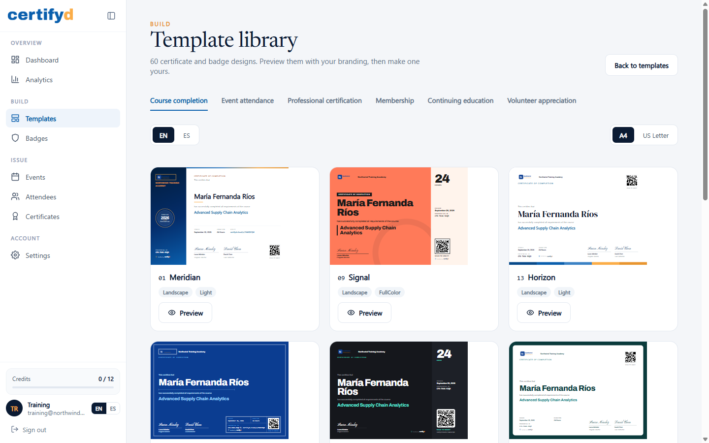 The template library showing certificate designs in the Course completion category