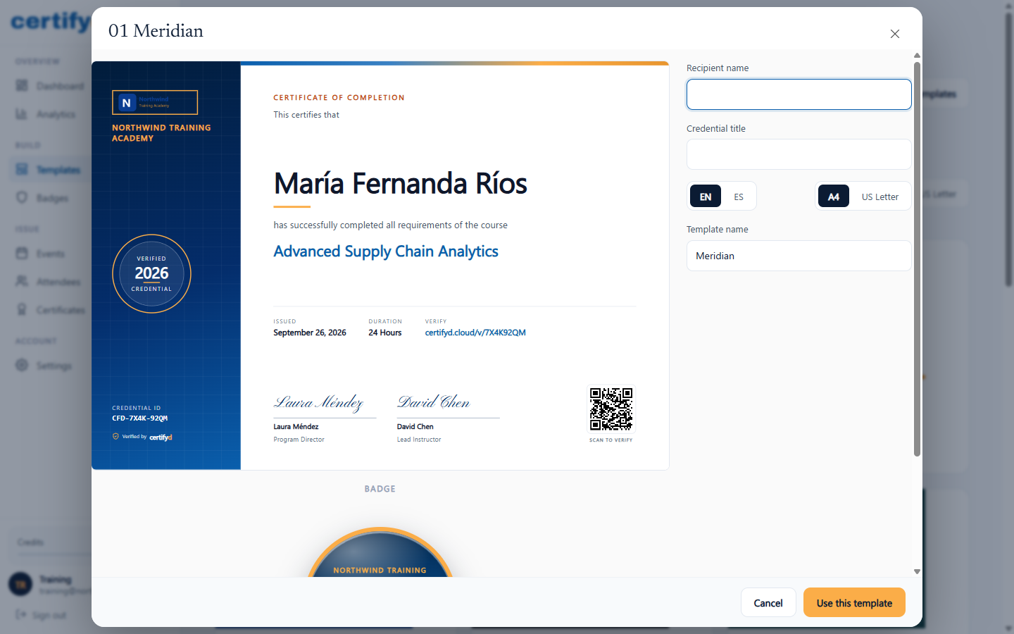 Preview of the Meridian certificate with sample data and the matching badge