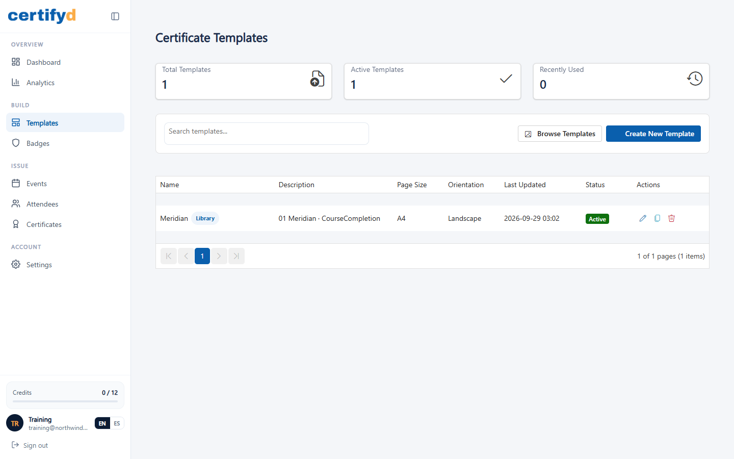 The Templates list with the Meridian library design