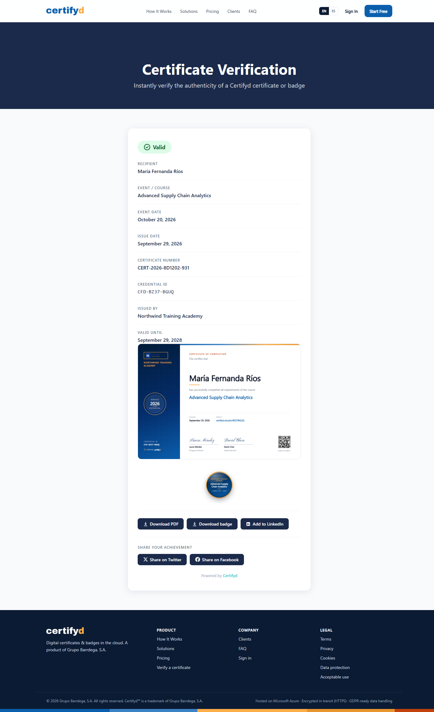 The full verification page with download and sharing options