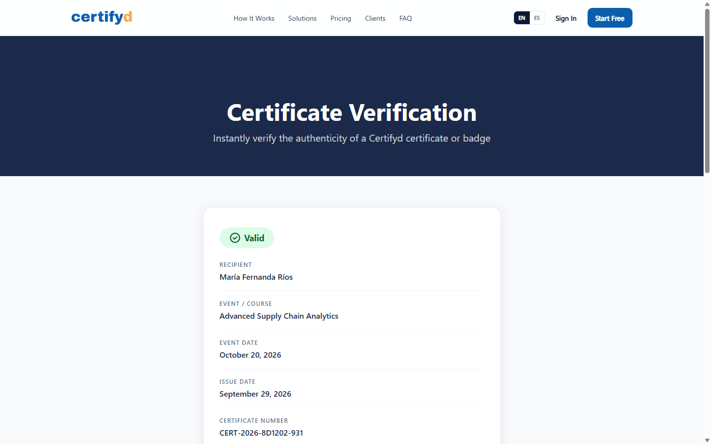 The public verification page showing a valid certificate