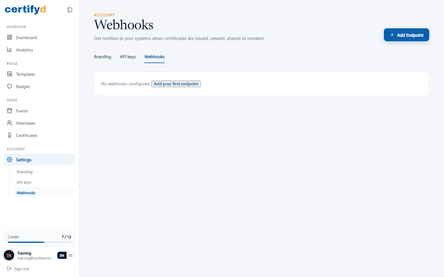 The Webhooks page